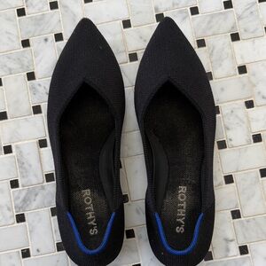 Rothy's Black Pointed Knit Flats with Blue Heel Trim